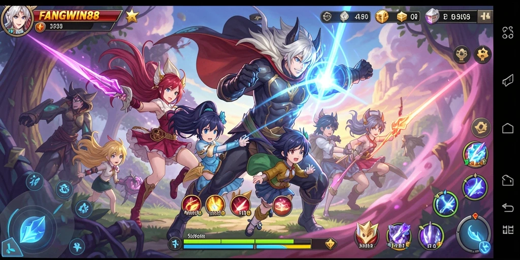 Tampilan layar gameplay FANGWIN88, penuh warna dan karakter anime.