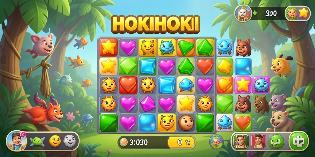 Screenshot HOKIHOKI menampilkan aksi dinamis permainan Match-3 yang seru.