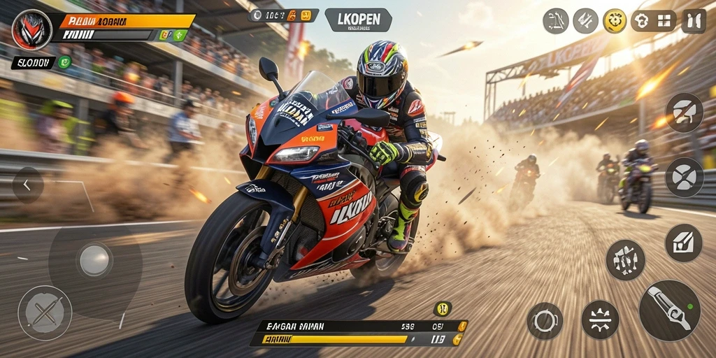 Tangkapan layar gameplay LKOPEN menampilkan balapan motor yang mendebarkan.