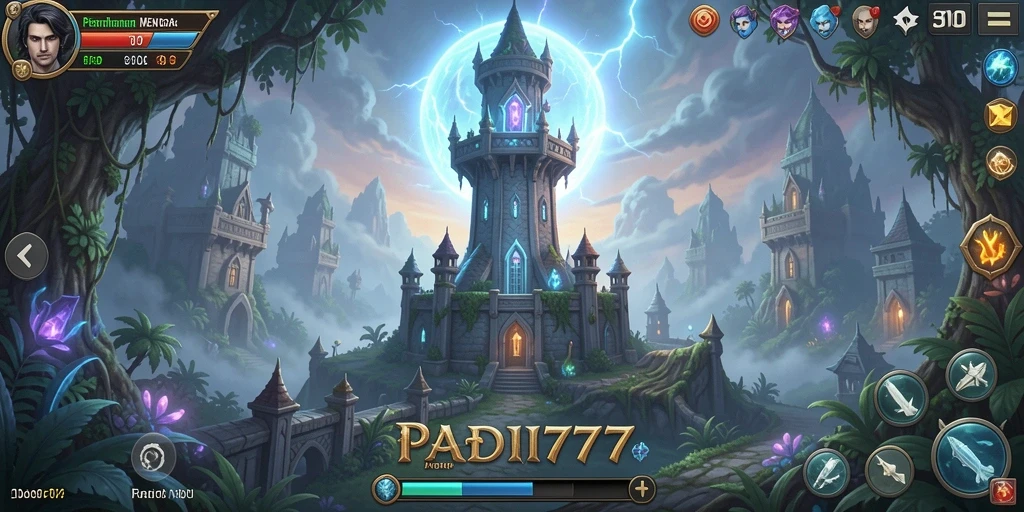 Gameplay PADI777 menampilkan menara pertahanan melawan gelombang monster.
