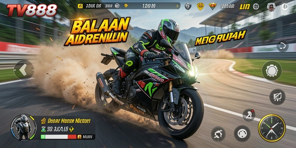 Tangkapan layar utama TV888 menunjukkan aksi balapan motor yang seru.