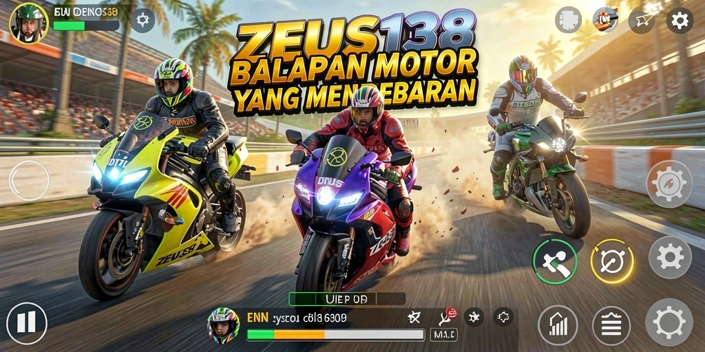 Tangkapan layar utama ZEUS138 menampilkan aksi balapan motor yang intens.